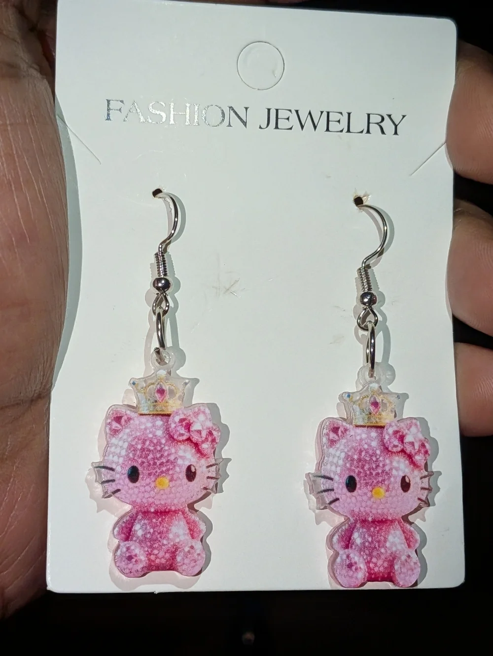 Hand Crafted Pink Kitty Crown Dangle Earrings